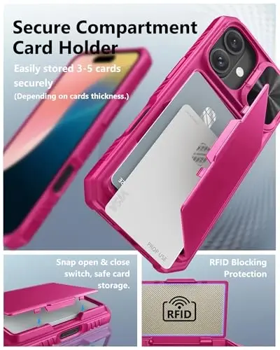 ATATOO for iPhone 16 Case, Built-in Card Holder (Store 3-5 Cards) & Slide Camera Protector, Military Grade Protection, Women Cute Silicone Wallet Case for iPhone 16 2024, Hot Pink - 3