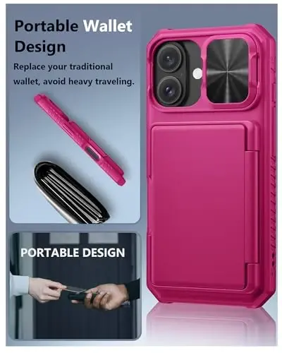 ATATOO for iPhone 16 Case, Built-in Card Holder (Store 3-5 Cards) & Slide Camera Protector, Military Grade Protection, Women Cute Silicone Wallet Case for iPhone 16 2024, Hot Pink - 6