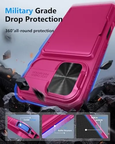 ATATOO for iPhone 16 Case, Built-in Card Holder (Store 3-5 Cards) & Slide Camera Protector, Military Grade Protection, Women Cute Silicone Wallet Case for iPhone 16 2024, Hot Pink - 5