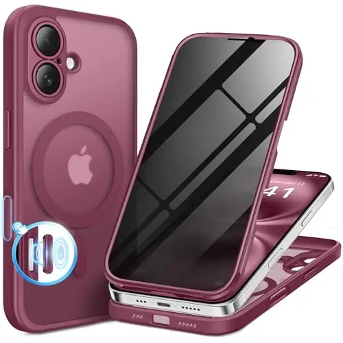 BERFY for iPhone 16 Case, Compatible with MagSafe, Built-in Privacy Screen Protector and Camera Protection, Anti-Spy Full Body Shockproof Matte Phone Case for 16 6.1