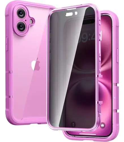 Diaclara Designed for iPhone 16 Case 6.1 Inch,Upgraded [Full Camera Protection] Full Body Rugged Clear Bumper Case with Built-in Privacy Screen Protector for iPhone 16,Pink - 1