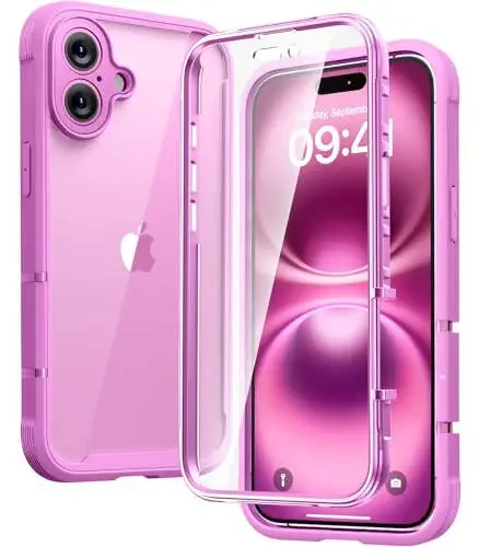Diaclara Designed for iPhone 16 Case 6.1 Inch,Upgraded [Full Camera Protection] Full Body Rugged Clear Bumper Case with Built-in Screen Protector, Rose Pink - 1