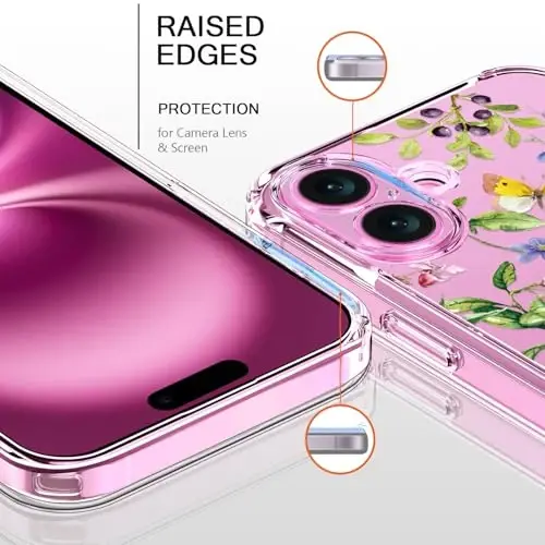 bicol for iPhone 16 Case with Screen Protector, Enhanced Camera Protection, Crystal Acrylic Clear with Fashionable Designs for Girls Women, Slim Fit Protective Phone Cover 6.1