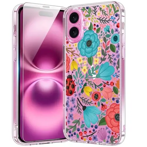 bicol for iPhone 16 Case with Screen Protector, Enhanced Camera Protection, Crystal Acrylic Clear with Fashionable Designs for Girls Women, Slim Fit Protective Phone Cover 6.1