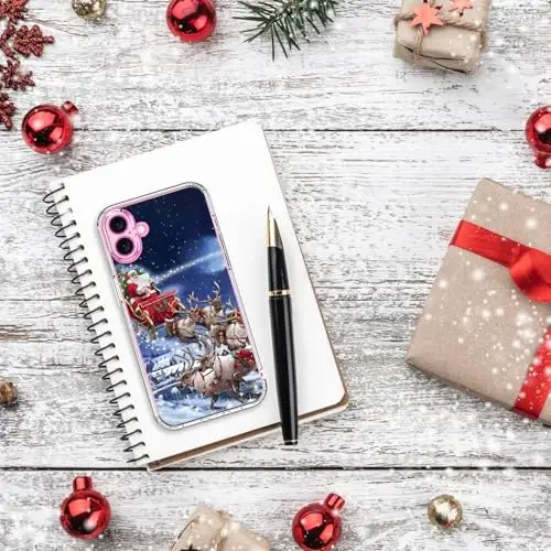 bicol Christmas Phone Case for iPhone 16 with Screen Protector, Enhanced Camera Protection - Wireless Charging - Slim Shockproof Protective Acrylic Clear Cover for Women Girls - Santa Sleigh - 6