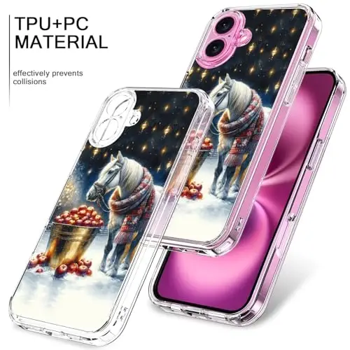 bicol Christmas Phone Case for iPhone 16 with Screen Protector, Enhanced Camera Protection - Wireless Charging - Slim Shockproof Protective Acrylic Clear Cover for Women Girls - Christmas Horse - 3