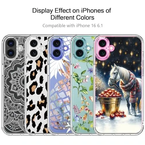 bicol Christmas Phone Case for iPhone 16 with Screen Protector, Enhanced Camera Protection - Wireless Charging - Slim Shockproof Protective Acrylic Clear Cover for Women Girls - Christmas Horse - 5