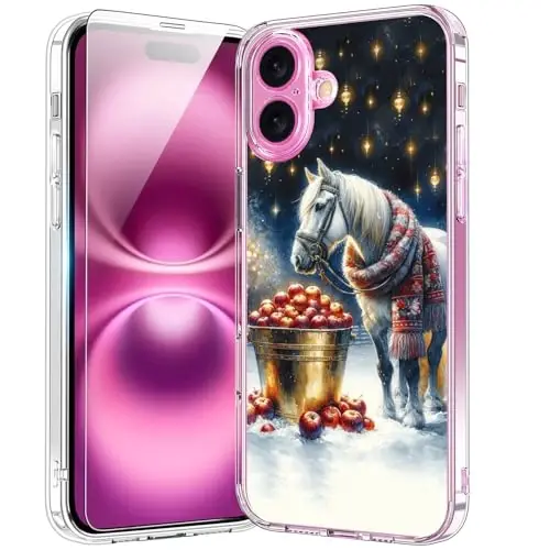 bicol Christmas Phone Case for iPhone 16 with Screen Protector, Enhanced Camera Protection - Wireless Charging - Slim Shockproof Protective Acrylic Clear Cover for Women Girls - Christmas Horse 