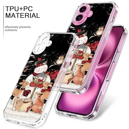 bicol Christmas Phone Case for iPhone 16 with Screen Protector, Enhanced Camera Protection - Wireless Charging - Slim Shockproof Protective Acrylic Clear Cover for Women Girls - Snowman with Deer - 3