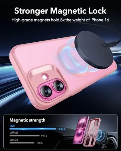 ESR for iPhone 16 Case with Kickstand, Compatible with MagSafe, Magnetic Military-Grade Shockproof Fully Adjustable Flickstand Phone Case, Boost Series, Frosted Pink - 3