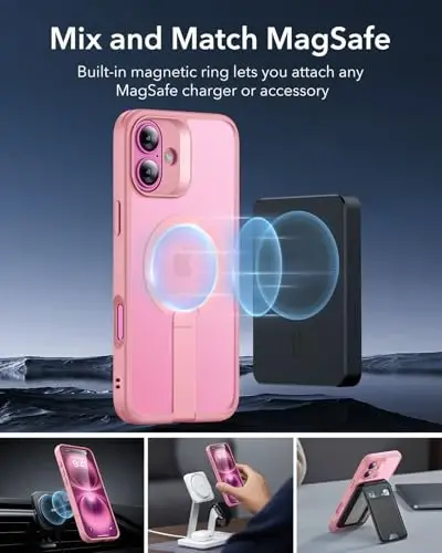 ESR for iPhone 16 Case with Kickstand, Compatible with MagSafe, Magnetic Military-Grade Shockproof Fully Adjustable Flickstand Phone Case, Boost Series, Frosted Pink - 5