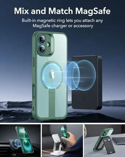 ESR for iPhone 16 Case with Kickstand, Compatible with MagSafe, Magnetic Military-Grade Shockproof Fully Adjustable Flickstand Phone Case, Boost Series, Clear Green - 5