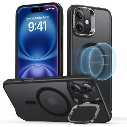 ESR for iPhone 16 Case, Compatible with, Military-Grade Protective Case, Built-in Stash Stand Phone Case, Scratch-Resistant Back Cover, Classic Series, Frosted Black - ESR