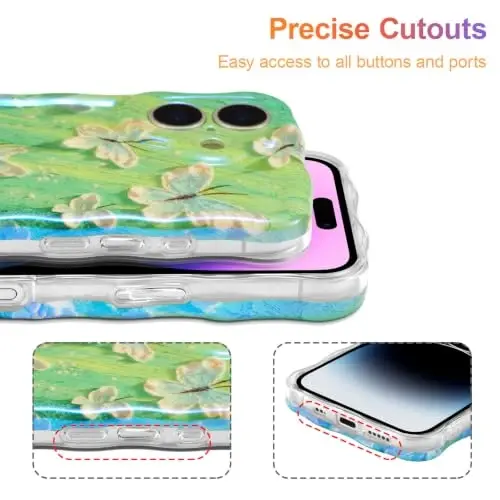 iPhone 16 için EYZUTAK Kılıf, Renkli Retro Yağlı Boya Çiçek Lazer Parlak Desen Sevimli Kıvırcık Dalga Kenar Zarif Telefon Kapağı Kadınlar için Şık Dayanıklı TPU Koruyucu Kılıf - Kelebek Yeşil - 5