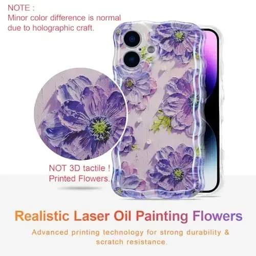 EYZUTAK Case for iPhone 16, Colorful Retro Oil Painting Printed Flower Laser Glossy Pattern Cute Curly Wave Edge Exquisite Phone Cover Stylish Durable TPU Protective Case for Girl Women-Purple - 2