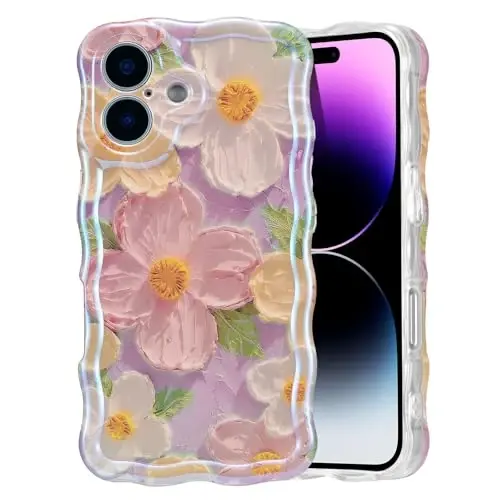 EYZUTAK Case for iPhone 16, Colorful Retro Oil Painting Printed Flower Laser Glossy Pattern Cute Curly Wave Edge Exquisite Phone Cover Stylish Durable TPU Protective Case for Girl Women-Pink - 1