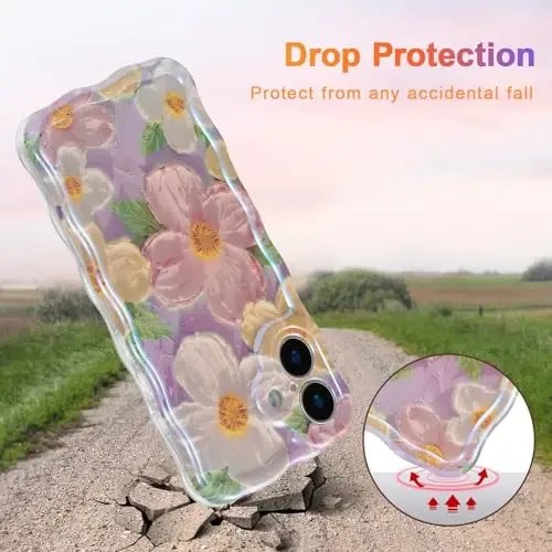 EYZUTAK Case for iPhone 16, Colorful Retro Oil Painting Printed Flower Laser Glossy Pattern Cute Curly Wave Edge Exquisite Phone Cover Stylish Durable TPU Protective Case for Girl Women-Pink - 3