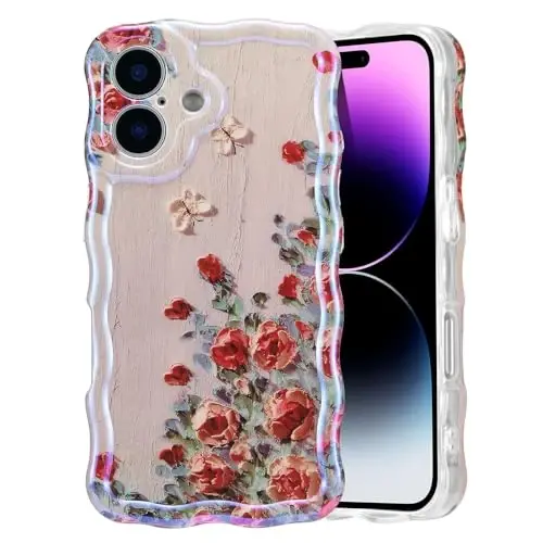 EYZUTAK Case for iPhone 16, Colorful Retro Oil Painting Printed Flower Laser Glossy Pattern Cute Curly Wave Edge Exquisite Phone Cover Stylish Durable TPU Protective Case for Girl Women-Beige 