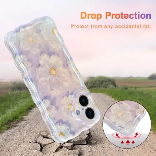 EYZUTAK Case for iPhone 16, Colorful Retro Oil Painting Flower Laser Glossy Pattern Cute Curly Wave Edge Exquisite Phone Cover Stylish Durable TPU Protective Case for Girl Women - Light Purple - 3