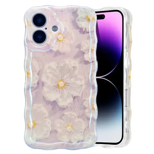 EYZUTAK Case for iPhone 16, Colorful Retro Oil Painting Flower Laser Glossy Pattern Cute Curly Wave Edge Exquisite Phone Cover Stylish Durable TPU Protective Case for Girl Women - Light Purple 
