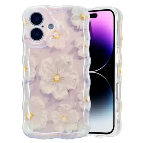 EYZUTAK Case for iPhone 16, Colorful Retro Oil Painting Flower Laser Glossy Pattern Cute Curly Wave Edge Exquisite Phone Cover Stylish Durable TPU Protective Case for Girl Women - Light Purple - 1