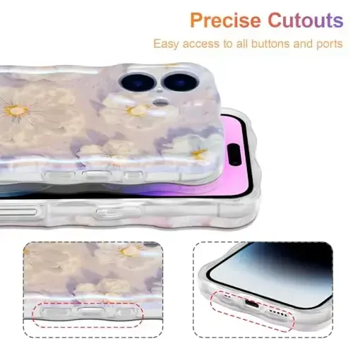 EYZUTAK Case for iPhone 16, Colorful Retro Oil Painting Flower Laser Glossy Pattern Cute Curly Wave Edge Exquisite Phone Cover Stylish Durable TPU Protective Case for Girl Women - Light Purple - 5