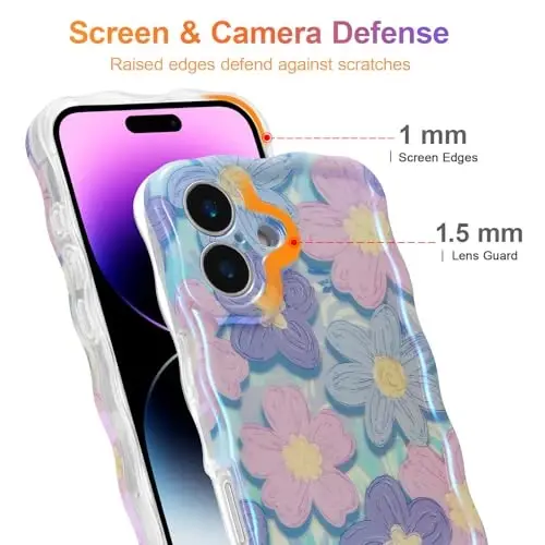 EYZUTAK Case for iPhone 16, Colorful Retro Oil Painting Flower Laser Glossy Pattern Cute Curly Wave Edge Exquisite Phone Cover Stylish Durable TPU Protective Case for Girls Women - Pink Purple - 4