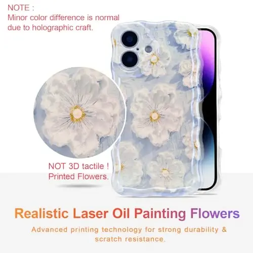EYZUTAK Case for iPhone 16, Colorful Retro Oil Painting Flower Laser Glossy Pattern Cute Curly Wave Edge Exquisite Phone Cover Stylish Durable TPU Protective Case for Girl Women - Light Blue - 2