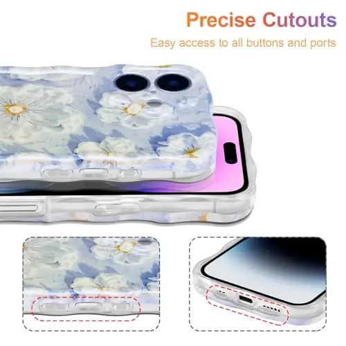EYZUTAK Case for iPhone 16, Colorful Retro Oil Painting Flower Laser Glossy Pattern Cute Curly Wave Edge Exquisite Phone Cover Stylish Durable TPU Protective Case for Girl Women - Light Blue - 5