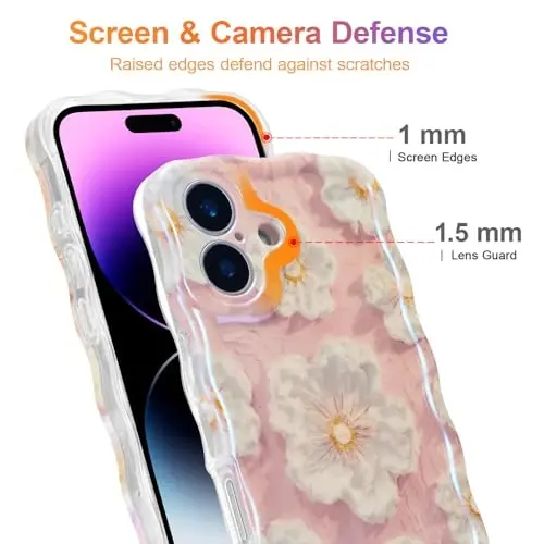 EYZUTAK Case for iPhone 16, Colorful Retro Oil Painting Flower Laser Glossy Pattern Cute Curly Wave Edge Exquisite Phone Cover Stylish Durable TPU Protective Case for Girl Women - Light Pink - 4