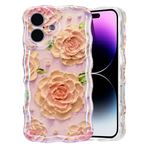 EYZUTAK Case for iPhone 16, Colorful Retro Oil Painting Flower Laser Glossy Pattern Cute Curly Wave Edge Exquisite Phone Cover Stylish Durable TPU Protective Case for Girl Women - Pink Peony 