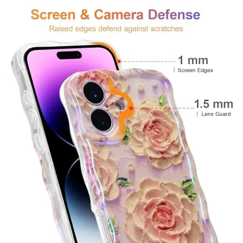 EYZUTAK Case for iPhone 16, Colorful Retro Oil Painting Flower Laser Glossy Pattern Cute Curly Wave Edge Exquisite Phone Cover Stylish Durable TPU Protective Case for Girl Women - Pink Peony - 4