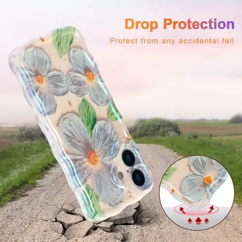 EYZUTAK Case for iPhone 16, Colorful Retro Oil Painting Flower Leaf Laser Glossy Pattern Cute Curly Waves Edge Exquisite Phone Cover Stylish Durable TPU Protective Case for Women - Blue Green - 3