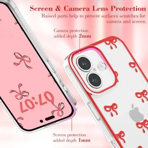 EYZUTAK Case for iPhone 16, Clear Cute Ribbon Bowknot Pattern Aesthetic Transparent Phone Case Raised Camera Protection Stylish Slim Soft Durable TPU Protective Cover for Women Girls - Red - 2