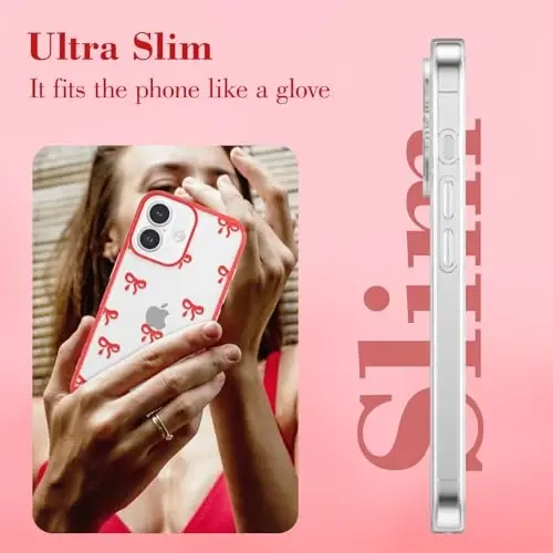EYZUTAK Case for iPhone 16, Clear Cute Ribbon Bowknot Pattern Aesthetic Transparent Phone Case Raised Camera Protection Stylish Slim Soft Durable TPU Protective Cover for Women Girls - Red - 4