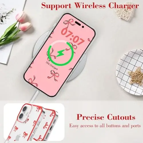EYZUTAK Case for iPhone 16, Clear Cute Ribbon Bowknot Pattern Aesthetic Transparent Phone Case Raised Camera Protection Stylish Slim Soft Durable TPU Protective Cover for Women Girls - Red - 8