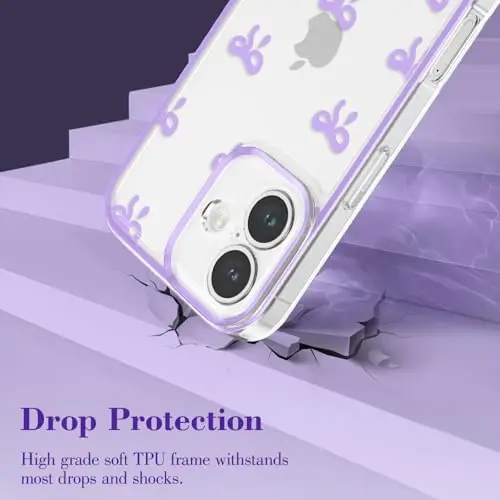 EYZUTAK Case for iPhone 16, Clear Cute Ribbon Bowknot Pattern Aesthetic Transparent Phone Case Raised Camera Protection Stylish Slim Soft Durable TPU Protective Cover for Women Girls - Purple - 8