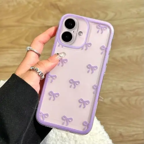 EYZUTAK Case for iPhone 16, Clear Cute Ribbon Bowknot Pattern Aesthetic Transparent Phone Case Raised Camera Protection Stylish Slim Soft Durable TPU Protective Cover for Women Girls - Purple - 1