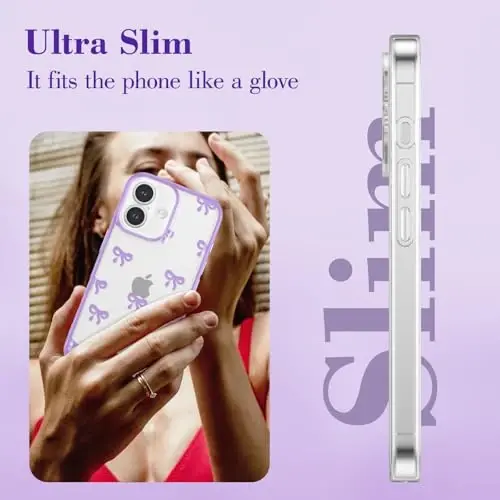 EYZUTAK Case for iPhone 16, Clear Cute Ribbon Bowknot Pattern Aesthetic Transparent Phone Case Raised Camera Protection Stylish Slim Soft Durable TPU Protective Cover for Women Girls - Purple - 11