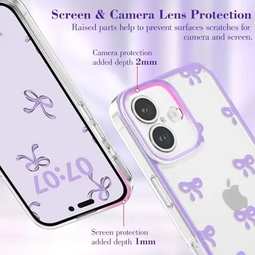 EYZUTAK Case for iPhone 16, Clear Cute Ribbon Bowknot Pattern Aesthetic Transparent Phone Case Raised Camera Protection Stylish Slim Soft Durable TPU Protective Cover for Women Girls - Purple - 2