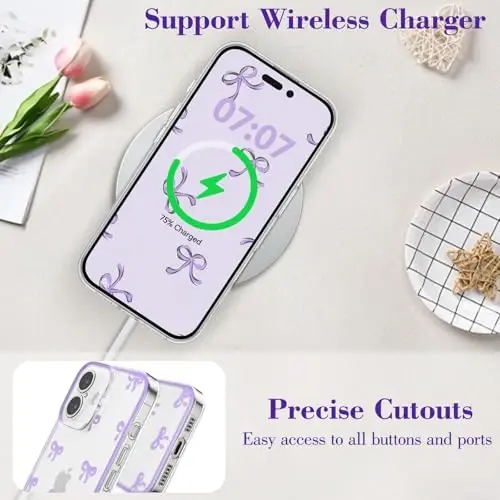 EYZUTAK Case for iPhone 16, Clear Cute Ribbon Bowknot Pattern Aesthetic Transparent Phone Case Raised Camera Protection Stylish Slim Soft Durable TPU Protective Cover for Women Girls - Purple - 10