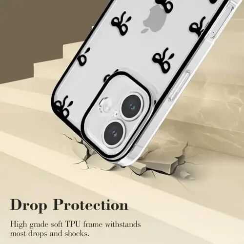 EYZUTAK Case for iPhone 16, Clear Cute Ribbon Bowknot Pattern Aesthetic Transparent Phone Case Raised Camera Protection Stylish Slim Soft Durable TPU Protective Cover for Women Girls - Black - 3