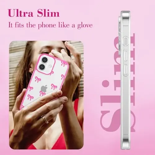 EYZUTAK Case for iPhone 16, Clear Cute Ribbon Bowknot Pattern Aesthetic Transparent Phone Case Raised Camera Protection Stylish Slim Soft Durable TPU Protective Cover for Women Girls - Rose Red - 4