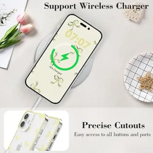 EYZUTAK Case for iPhone 16, Clear Cute Ribbon Bowknot Pattern Aesthetic Transparent Phone Case Raised Camera Protection Stylish Slim Soft Durable TPU Protective Cover for Women Girls - Yellow - 5