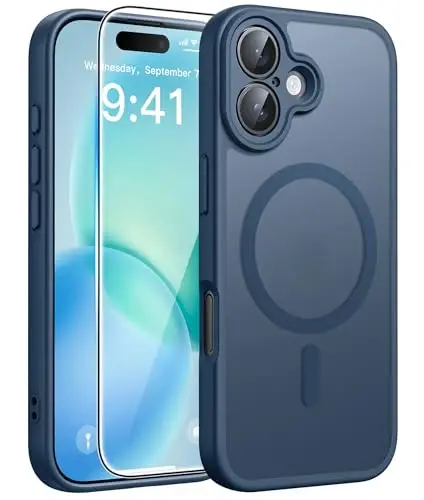 FNTCASE for iPhone 16 Case [Compatible with Magsafe] Translucent Matte Cases with [Screen Protector] Military Grade Shockproof Protective Phone Cover - Blue 