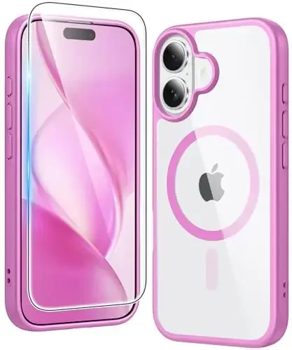 FNTCASE for iPhone 16 Case Clear: Magnetic Phone Cases with Screen Protector Drop Proof Compatible with Magsafe Slim Anti Yellowing Rugged Shockproof Protective Transparent Cell Cover (B-Pink) 