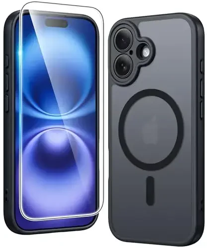 FNTCASE for iPhone 16 Case Matte: Magnetic Phone Cases with Screen Protector Drop Proof Compatible with Magsafe Slim Anti Yellowing Rugged Shockproof Protective Translucent Cell Cover (C-Black) 