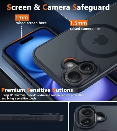 FNTCASE for iPhone 16 Case, Fit for Magsafe, Screen Protector, Black | Translucent Matte Magnetic Back, 14FT Military Grade Drop Protection, Shockproof Protective Phone Cover - 6