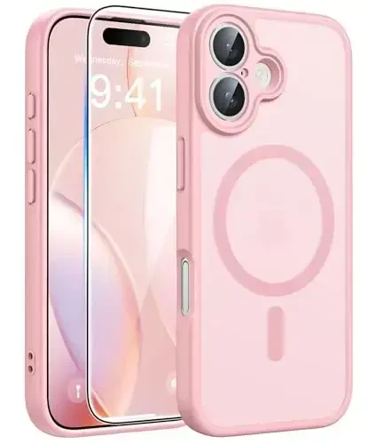 FNTCASE for iPhone 16 Case: [Compatible with Magsafe] Translucent Matte Cases with [Full Camera Protection] [Screen Protector] Military Grade Shockproof Protective Phone Cover - Light Pink - 1