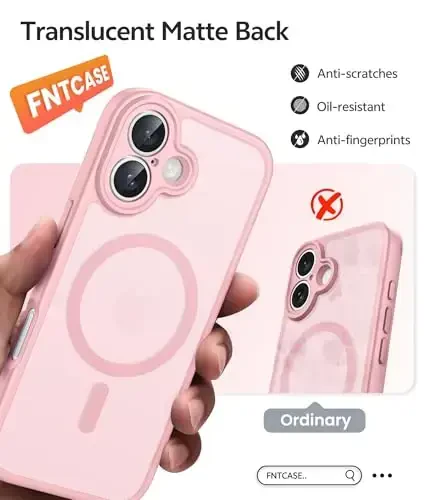 FNTCASE for iPhone 16 Case: [Compatible with Magsafe] Translucent Matte Cases with [Full Camera Protection] [Screen Protector] Military Grade Shockproof Protective Phone Cover - Light Pink - 6